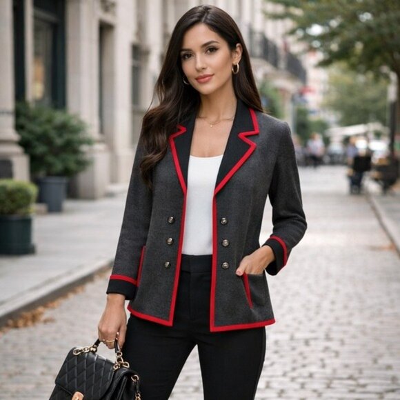 Misook Jackets & Blazers - Misook Knit Blazer Jacket Gray Red Trim Open Front Career Chic Size Medium